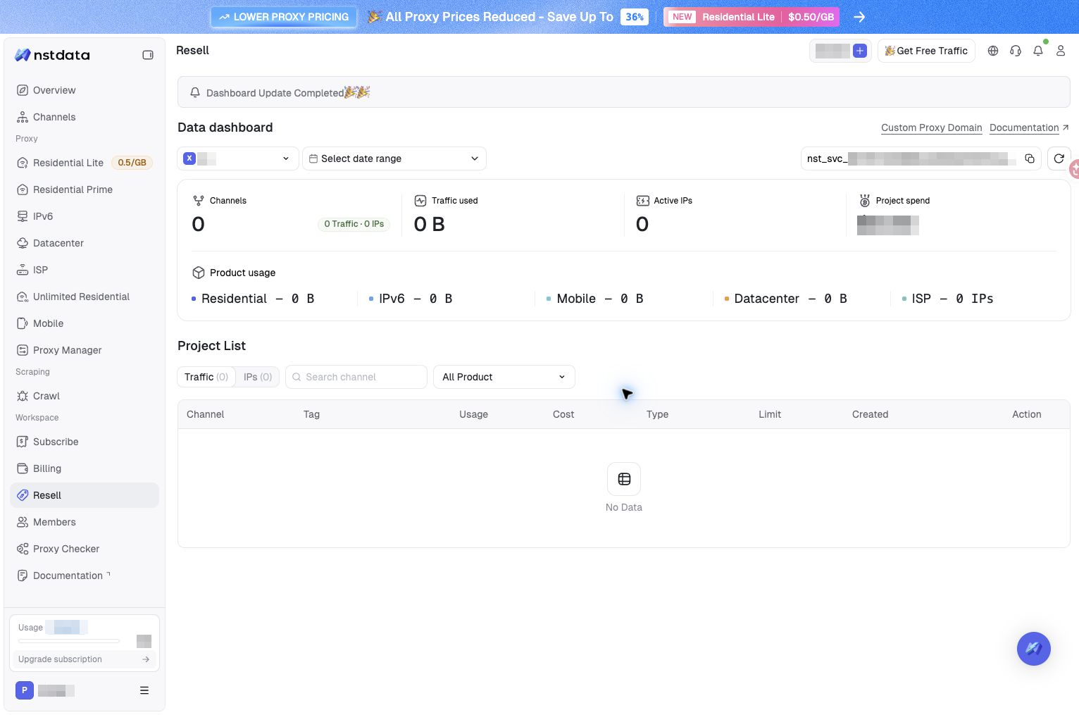 Resell page: open Resell from the sidebar, select a project at the top, and copy the Service Token on the right. The token secret, account and project names, and financial information are redacted.
